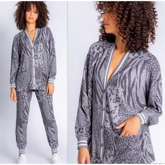 P J Salvage Animal Print Patch Cardigan pants set jogger lounge relaxing XS NWT - Picture 3 of 16